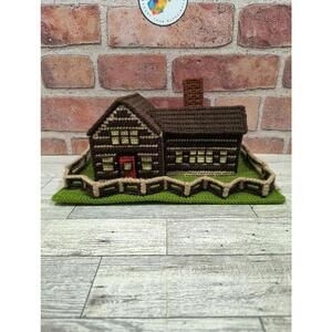 Vintage Plastic Canvas Christmas Village Brown Log Cabin Fence Chimney Handmade